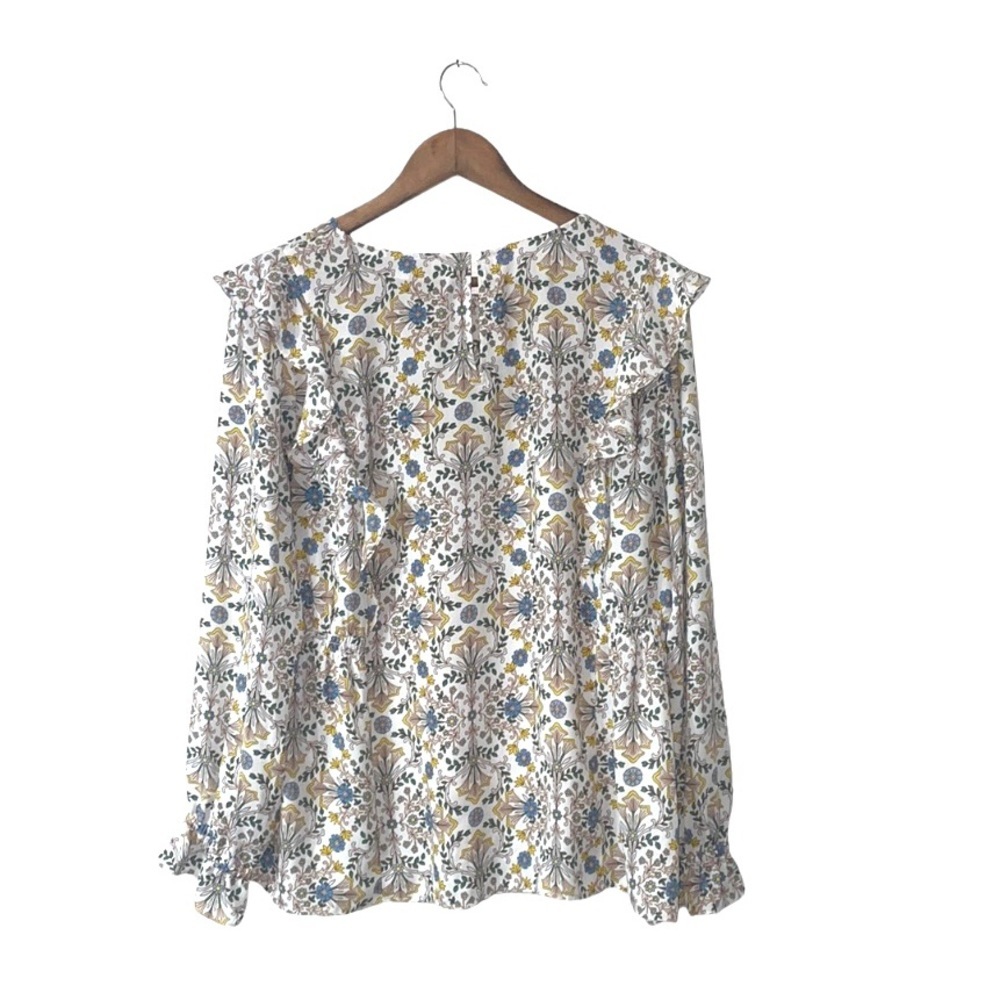 Loft Floral Long Sleeve Ruffle Blouse Top White Green Blue Cottagecore Sz Large - Picture 2 of 5